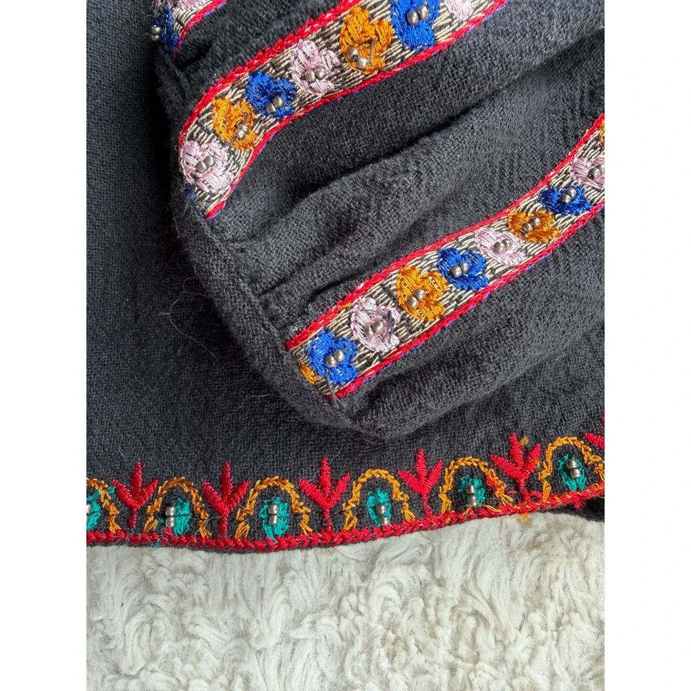New Zara Beaded Folk Embroidered Tassel‎ Boho Blouse Balloon Sleeve Top NWT M